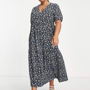 ASOS Size 18 Dress Surplice Wrap Tiered Midi Puff Sleeves Black Floral Stretch